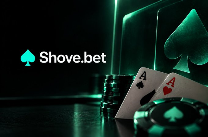The image features a dark, atmospheric poker scene bathed in green lighting, with the "Shove.bet" logo and text prominently displayed in the upper left corner. Two aces—one of spades and one of hearts—lean against a stack of black chips, while additional oversized spade cards glow in the background, reinforcing the brand's identity. This visual ties directly into the post's message about simplifying online poker, as Shove.bet appears positioned as a streamlined solution addressing the friction points around the game, such as buying in and managing the experience beyond the cards themselves.
