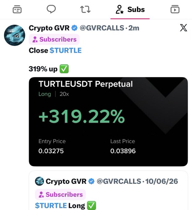 This image shows a screenshot of a successful trade with the ticker $TURTLE yielding a +319.22% return, as published by "Crypto GVR" for their subscribers. The accompanying post highlights this trade as the 789th, with only 4 lost trades in July, and encourages readers to subscribe to their X (Twitter) for more trade updates.