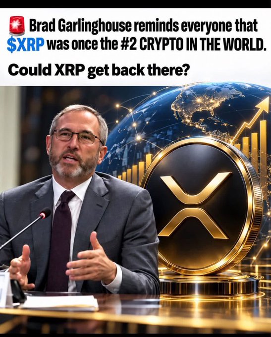 A social media graphic featuring Brad Garlinghouse with text reading 'Brad Garlinghouse reminds everyone that $XRP was once the #2 CRYPTO IN THE WORLD. Could XRP get back there?' alongside an XRP coin image.