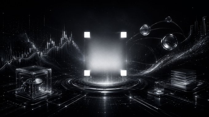 The image features an abstract scene set against a black background. The main focus is a square light source positioned centrally within the frame. Surrounding this central light are various objects, including cubes of different sizes scattered throughout the composition. These objects appear to be made of glass or metal and have a futuristic appearance. The overall design suggests that it could be an advertisement for a new technology or product, possibly related to prop trading on-chain.