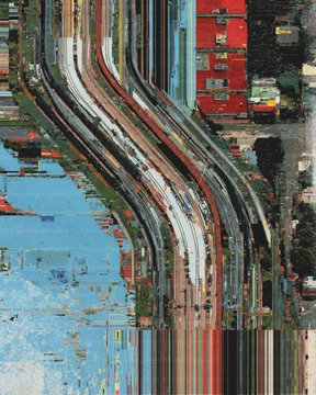 A glitched, vertically distorted aerial view of train tracks curving through an urban landscape, with pixelated corruption splitting the scene into fragmented bands of color and texture. The accompanying text "Gm Find your station amid the static" ties directly into the image's visual theme, where the literal train tracks become a metaphor for navigating through digital noise and interference to reach a clear signal.