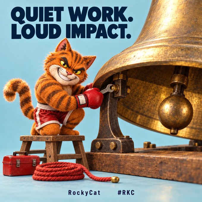 A stylized image of a cartoon orange cat in boxing gloves working on a large brass bell, with the text 'QUIET WORK. LOUD IMPACT.', 'RockyCat', and '#RKC'.