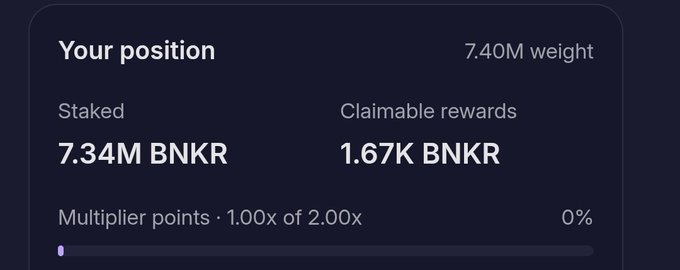 A dark-themed cryptocurrency dashboard showing a staked position of 7.34M BNKR with 1.67K BNKR claimable rewards and 7.40M weight.