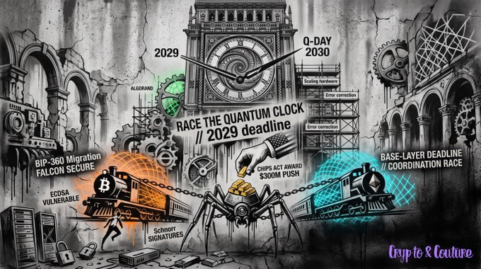 A detailed illustration titled 'RACE THE QUANTUM CLOCK // 2029 deadline' featuring crypto and Bitcoin themes, a clock showing 2029 and Q-DAY 2030, trains, gears, and references to BIP-360 Falcon Secure, ECDSA, and Schnorr signatures.