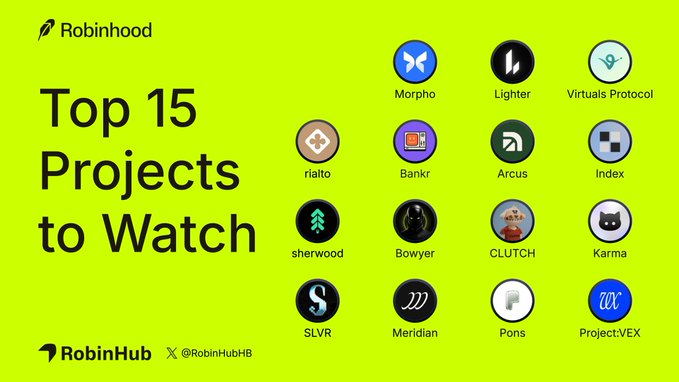 A green promotional graphic for Robinhood titled 'Top 15 Projects to Watch,' displaying logos for Morpho, Lighter, Virtuals Protocol, rialto, Bankr, Arcus, Index, sherwood, Bowyer, CLUTCH, Karma, SLVR, Meridian, Pons, and Project:VEX, by RobinHub.