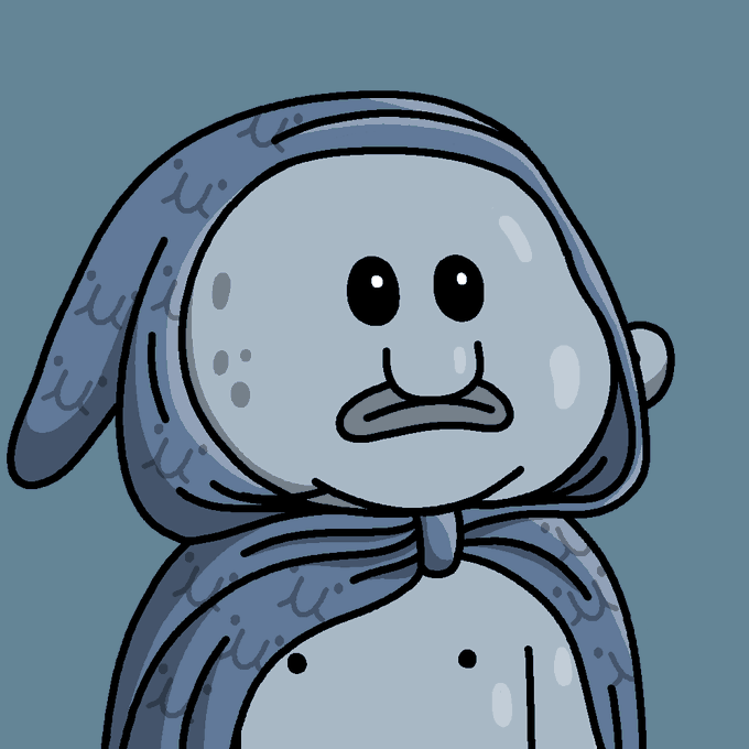 A cartoon illustration of a Blob character wearing a hooded cloak with a sad, pouty facial expression, shown against a solid blue background. The melancholic appearance of the figure aligns with the post's theme of appreciation toward @MadYakK for new mints, adding a touch of wholesome pitifulness to the thank-you message.