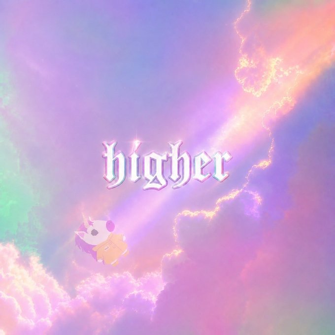 A pastel dreamlike sky with pink, purple, and mint clouds serves as the backdrop for the word "higher" in gothic-style text, while a small cartoon character wearing an orange hoodie floats upward — visually echoing the "good morning crypto" post's hopeful sentiment of rising prices and a positive day ahead.