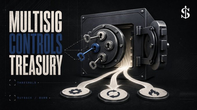 A promotional banner reading 'MULTISIG CONTROLS TREASURY' showing a secure bank vault with keys, releasing glowing streams of water that fall onto three icons labeled 'THRESHOLD' and 'BUYSACK / BURN'.