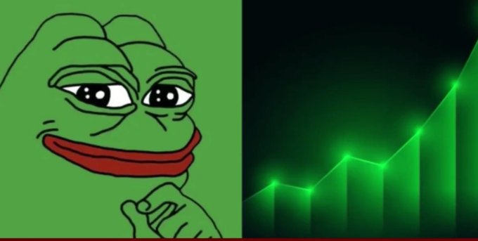 A split image shows the Pepe the Frog meme character on the left and a glowing green rising bar chart on the right.