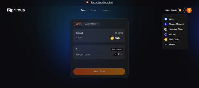 A Primus wallet interface showing a Send transaction screen with a BNB balance of 0.0122, supporting networks including Base, Pharos Mainnet, HashKey Chain, Monad, BNB Chain, and Solana.