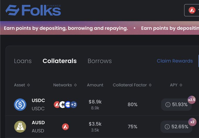 A screenshot of the 'Folks Finance' DeFi platform interface showing the 'Collaterals' tab with assets including USDC (80% factor, 51.93% APY) and AUSD (75% factor, 52.65% APY).