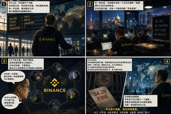 The image is a four-panel comic depicting Binance's regulatory challenges, showing the company relocating from Beijing to Tokyo, Malta, and Singapore, while highlighting CZ's attempts to avoid formal headquarters and the company's $4.3 billion fine, with panels featuring text like "BINANCE," "NO HQ NO COUNTRY JUST CODE AND BELIEF," and "#CZ #Binance #BUSD #BNB #BTC."