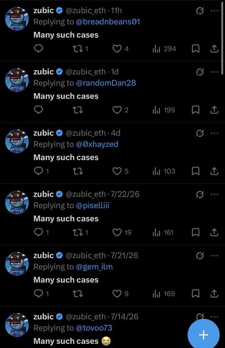 A series of Twitter/X posts from verified user @zubic_eth repeatedly replying 'Many such cases' to various users including @breadnbeans01, @randomDan28, @0xhayzed, @pisellii, @gem_ilm, and @tovoo73.