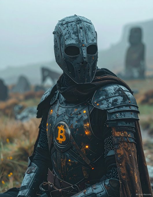 A medieval knight in weathered armor stands in a misty landscape, featuring an illuminated Bitcoin symbol on the chest plate.