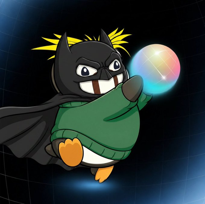 A cartoon penguin wearing a Batman mask and cape runs through space holding a glowing colorful orb, humorously embodying the "I am batman penguin" reference in the post about using AI for prediction markets and Solana.