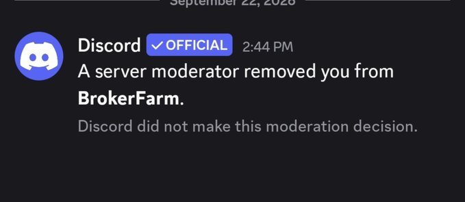 A screenshot of an official Discord notification dated September 22, 2026, at 2:44 PM, stating that a server moderator removed the user from 'BrokerFarm.'