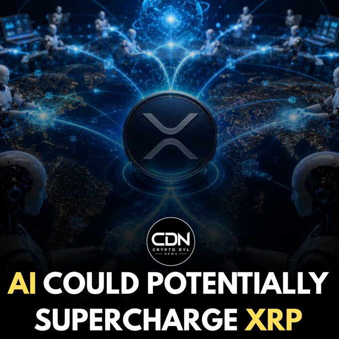 A promotional graphic featuring the XRP cryptocurrency coin surrounded by AI robots and a digital world map, with text reading 'AI COULD POTENTIALLY SUPERCHARGE XRP' and a 'CDN Crypto Daily News' logo.