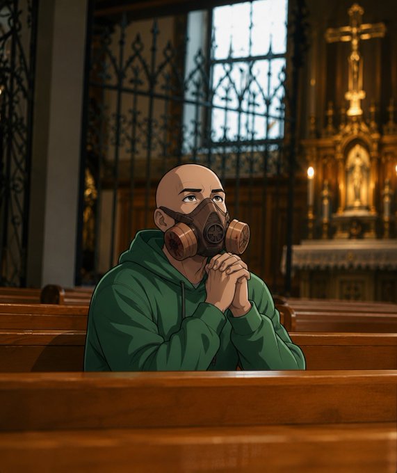An anime-style illustration shows a bald man in a green hoodie wearing a gas mask, sitting in a church pew with his hands clasped in prayer.