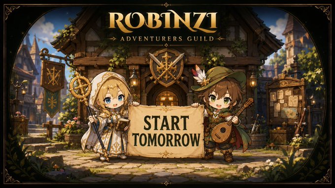 Banner for 'ROBINZI Adventurers Guild' featuring two chibi-style fantasy characters - a blonde mage holding a staff and a brown-haired bard with a lute - holding a sign that reads 'START TOMORROW'.