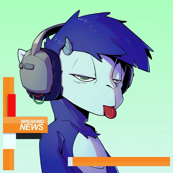 An anime-style illustration of a blue-skinned character with horns, purple hair, and headphones sticking out their tongue, accompanied by a 'BREAKING NEWS' graphic.