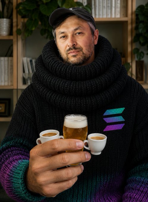 A man wearing a black cap and chunky black knit sweater with a colorful purple-teal gradient, holding a beer glass and two small coffee cups, with a Solana logo displayed on his sweater.