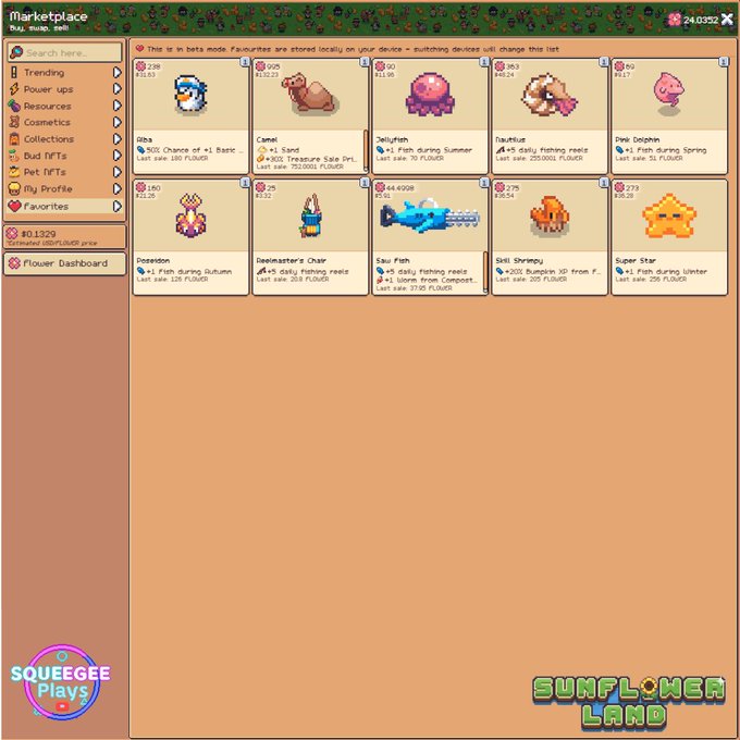 A screenshot of the Sunflower Land marketplace interface displaying various NFT pets and items for sale, including Alba, Camel, Jellyfish, Nautilus, and Pink Dolphin, with the Squeegee Plays logo in the corner.