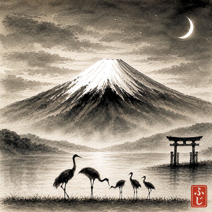 A traditional Japanese sumi-e ink painting depicting Mount Fuji under a cloudy night sky with a crescent moon, featuring cranes in the foreground and a torii gate in the water, signed with a red seal reading 'ふじ' (Fuji).