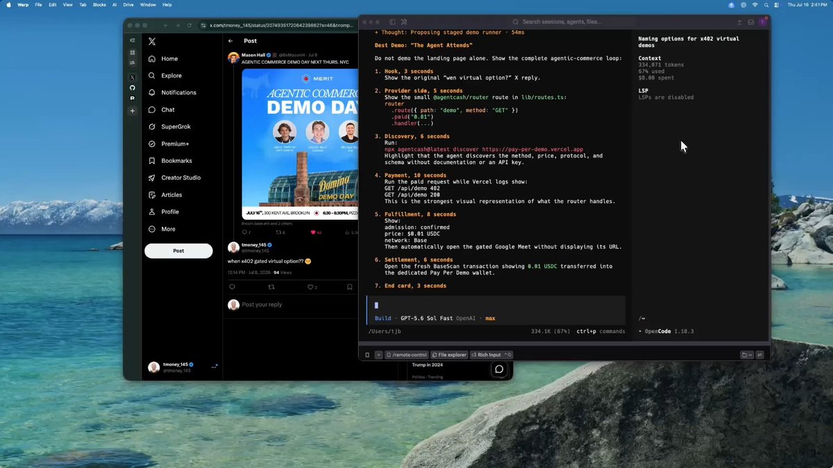 A Mac desktop displaying a Terminal window with x402 protocol demo script notes, alongside an X post about 'Agentic Commerce Demo Day' by Mason Noll.