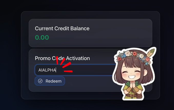 A 'Promo Code Activation' screen shows a current credit balance of 0.00, with the code 'AIALPHA' entered, accompanied by a cartoon girl with a flower crown.