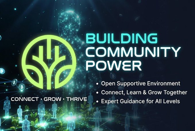 A dark, futuristic graphic featuring a glowing green tree emblem and the bold text "BUILDING COMMUNITY POWER" alongside bullet points listing "Open Supportive Environment," "Connect, Learn & Grow Together," and "Expert Guidance for All Levels," with the tagline "CONNECT · GROW · THRIVE." The image visually reinforces the post's message about $CNPY Network's underrated community strength and its commitment to fostering a supportive space where users can grow together.