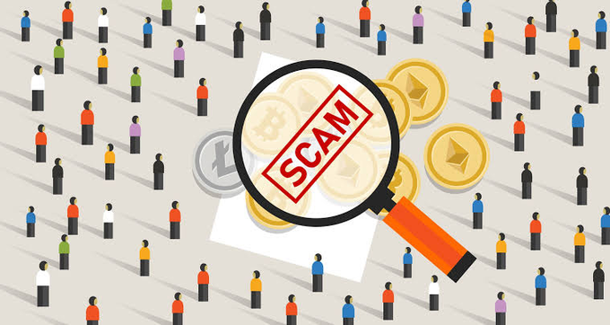 An illustration showing many small people figures surrounding a magnifying glass examining cryptocurrency coins on a document stamped with 'SCAM' in red.