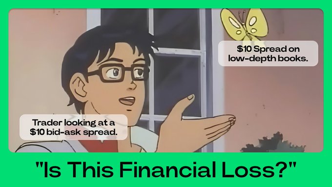 An anime meme featuring a bespectacled character gesturing, with text boxes reading "Trader looking at a $10 bid-ask spread" and "$10 Spread on low-depth books." above the caption "Is This Financial Loss?"