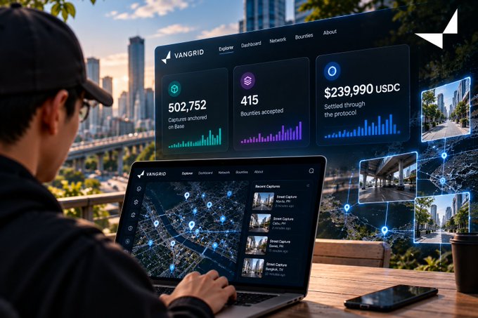 A person views a dashboard labeled 'VANGRID' showing metrics including '502,752 Captures anchored on Base', '415 Bounties accepted', and '$239,990 USDC Settled through the protocol', with a map of bounties visible on a laptop screen.