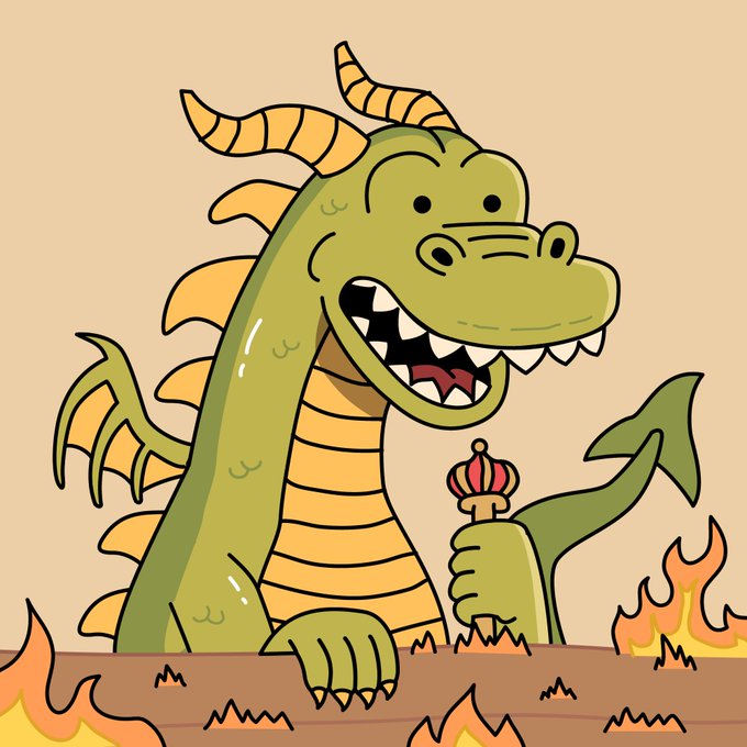 A cartoon illustration of a green dragon with yellow horns and belly spikes, smiling broadly while holding a scepter amidst flames.