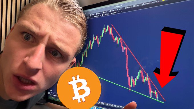 A man with a concerned expression points to a falling Bitcoin price chart on his computer monitor, which features a descending red trendline, a green support line, and a large red downward arrow emphasizing the bearish movement—visually supporting the post's claim about an obvious next move for BTC.