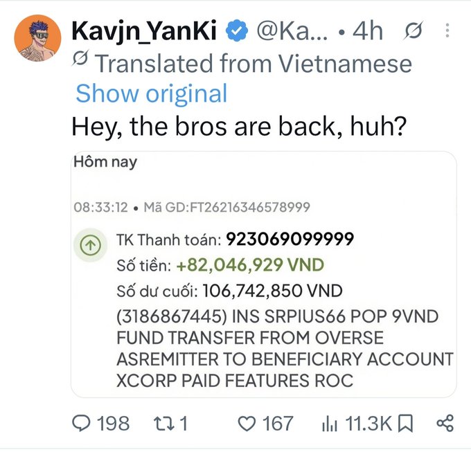 A tweet from user @Ka... (Kavjn_YanKi) showing a Vietnamese bank transaction screenshot with the message 'Hey, the bros are back, huh?', displaying a deposit of +82,046,929 VND described as 'FUND TRANSFER FROM OVERSE ASREMITTER TO BENEFICIARY ACCOUNT XCORP PAID FEATURES ROC'.