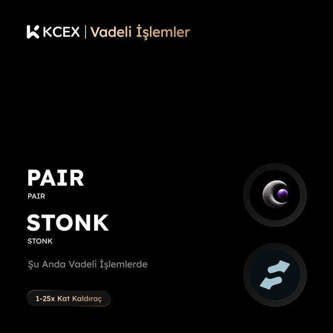 A dark interface for 'KCEX | Vadeli İşlemler' (Futures) displaying trading pairs for 'PAIR/STONK' with leverage information '1-25x Kat Kaldıraç'.