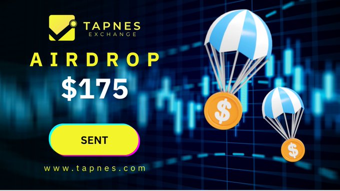A promotional banner for 'TAPNES EXCHANGE' advertising an 'AIRDROP $175' with a yellow 'SENT' button and website 'www.tapnes.com,' featuring illustrations of parachuting coins over a blue stock-chart background.