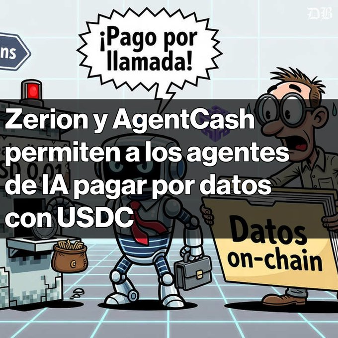 A Spanish-language meme featuring a robot paying for on-chain data with USDC, with text explaining that Zerion and AgentCash allow AI agents to pay for data using USDC.