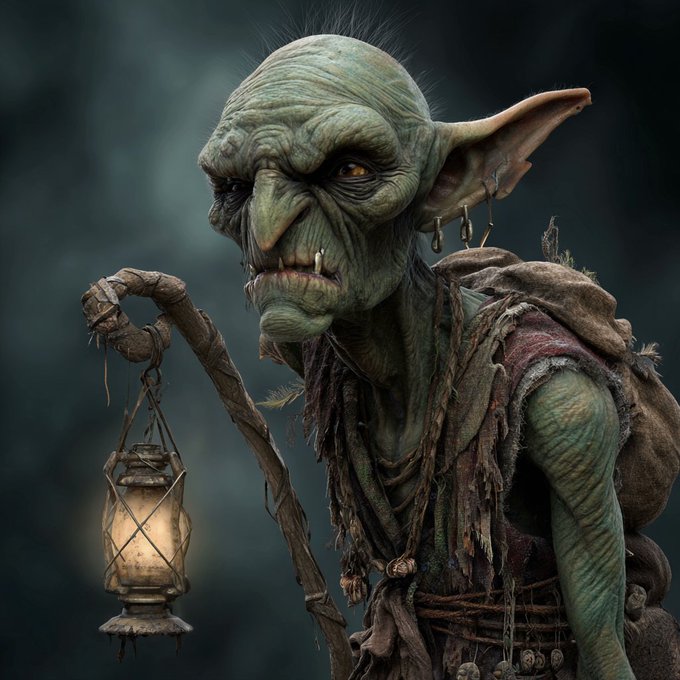 A digital artwork of a green-skinned goblin-like creature with pointed ears holding a glowing lantern, dressed in tattered clothing against a dark background.