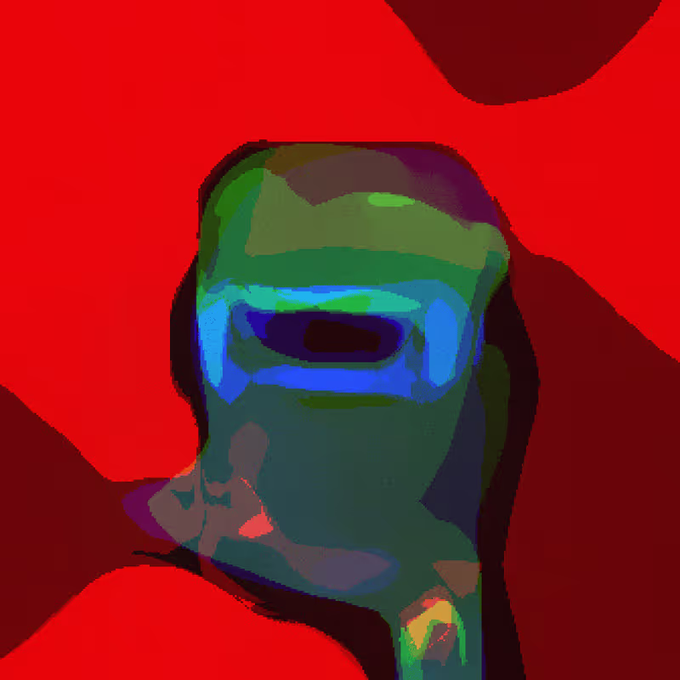 An abstract digital painting features a green, mask-like face with blue sunglasses set against a vivid red background.