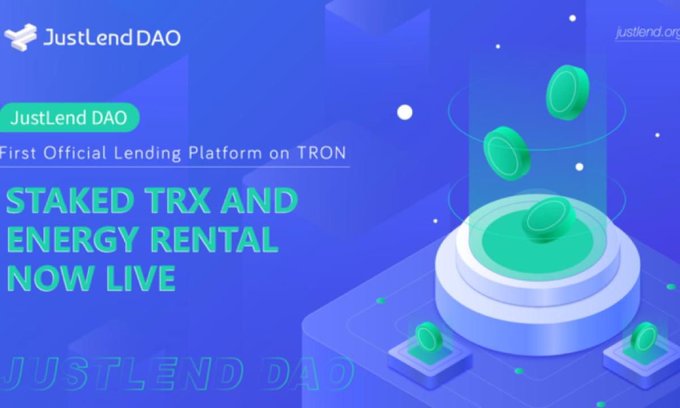 The image features a blue background with white text that reads "JustLend DAO Staked Tx and Energy rental platform now live". The text also includes the names of two people, "JustLend" and "DAO", as well as the words "Staked Tx" and "Energy rental". These elements are arranged in a visually appealing manner to convey information about the new lending platform.