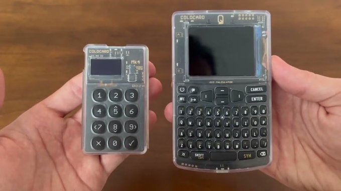Two Coldcard hardware wallets are displayed side by side, with the larger Mk4 model on the right and the smaller Q model on the left. The accompanying text indicates a major BTC security breach affecting 7,300 Coldcard wallets, though the image simply shows the devices rather than any evidence of the hack itself.