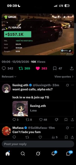 A mobile screenshot from the GMGN app showing a token called 'FLYBRAIN' with a +$157.1K PNL, displaying social media-style engagement metrics and replies from users 'liuxing.eth' and 'Mufasa'.