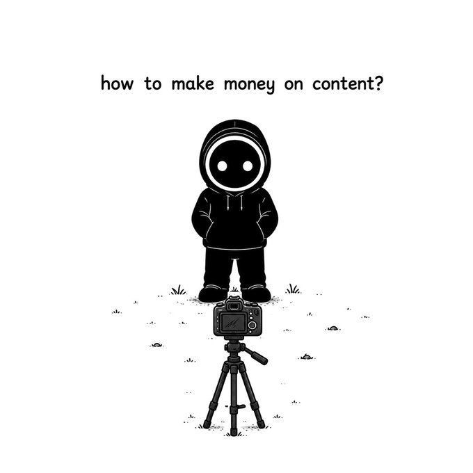 A hooded figure stands behind a camera on a tripod, with the text "how to make money on content?" displayed above. The image visually represents the post's theme of content creation as a viable income source, despite a slow market, emphasizing that the challenge lies in execution rather than opportunity.