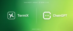 Promotional graphic announcing a partnership between Termix and ChainGPT, displayed with their logos against a green gradient background.