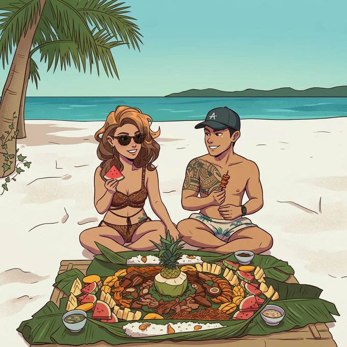 A cartoon illustration of a couple enjoying a tropical beach picnic with a large spread of food on banana leaves; the woman eats watermelon and the man wears an 'A' cap.