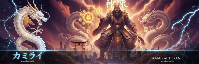The image features a poster with a dragon, two white dragons, and a man dressed as a king. The background of the poster has a dark purple sky with lightning bolts. The text on the poster reads "Most memes fade. $KAMIRAI builds. KYORAI DEX. Real ecosystem utility on BSC. Divine thunder meets financial power. Prosperity (福) for holders who act now. Don't watch from the sidelines. Secure your bag before the next supply shock." The image is related to a post about Kamirai Tenguen, as indicated by the text "KAMIRAI TENGUEN".