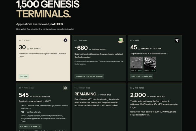 An informational graphic titled '1,500 GENESIS TERMINALS' displays application statistics including '30 // TOP OTOMATE', '~880 // QUOTRON HOLDERS', and '45 // TEMPLARS OF THE STORM'.
