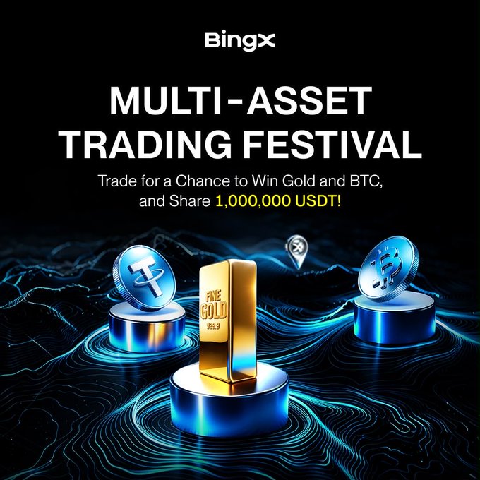 An advertisement for 'BingX' promoting a 'MULTI-ASSET TRADING FESTIVAL' with the text 'Trade for a Chance to Win Gold and BTC, and Share 1,000,000 USDT!', featuring 3D renderings of a gold bar and Bitcoin/USDT coins.